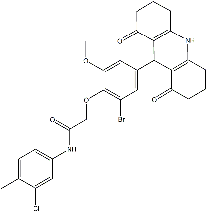 2-[2-bromo-4-(1,8-dioxo-1,2,3,4,5,6,7,8,9,10-decahydro-9-acridinyl)-6-methoxyphenoxy]-N-(3-chloro-4-methylphenyl)acetamide Struktur