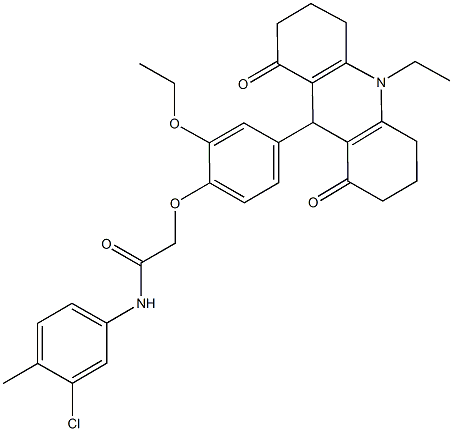 N-(3-chloro-4-methylphenyl)-2-[2-ethoxy-4-(10-ethyl-1,8-dioxo-1,2,3,4,5,6,7,8,9,10-decahydro-9-acridinyl)phenoxy]acetamide Struktur