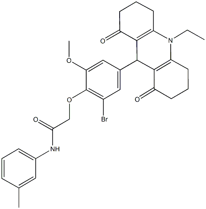 2-[2-bromo-4-(10-ethyl-1,8-dioxo-1,2,3,4,5,6,7,8,9,10-decahydro-9-acridinyl)-6-methoxyphenoxy]-N-(3-methylphenyl)acetamide Struktur