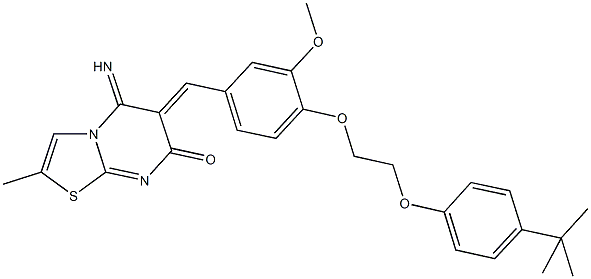 6-{4-[2-(4-tert-butylphenoxy)ethoxy]-3-methoxybenzylidene}-5-imino-2-methyl-5,6-dihydro-7H-[1,3]thiazolo[3,2-a]pyrimidin-7-one Struktur