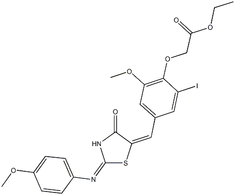 ethyl [2-iodo-6-methoxy-4-({2-[(4-methoxyphenyl)imino]-4-oxo-1,3-thiazolidin-5-ylidene}methyl)phenoxy]acetate Struktur