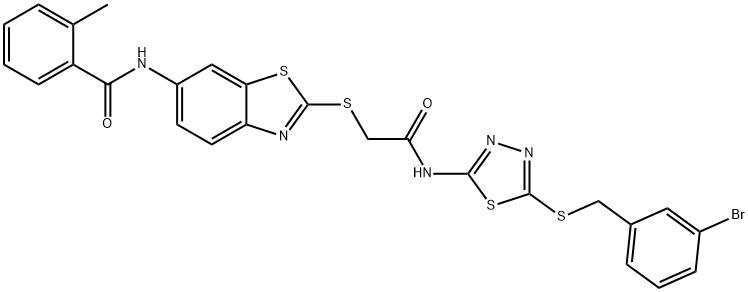 N-(2-{[2-({5-[(3-bromobenzyl)sulfanyl]-1,3,4-thiadiazol-2-yl}amino)-2-oxoethyl]sulfanyl}-1,3-benzothiazol-6-yl)-2-methylbenzamide Struktur