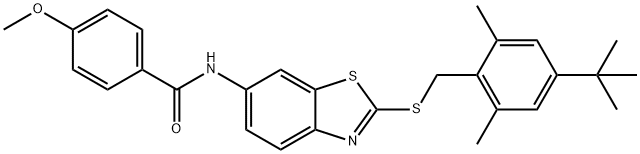 N-{2-[(4-tert-butyl-2,6-dimethylbenzyl)sulfanyl]-1,3-benzothiazol-6-yl}-4-methoxybenzamide Struktur