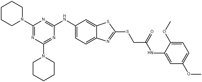 N-(2,5-dimethoxyphenyl)-2-[(6-{[4,6-di(1-piperidinyl)-1,3,5-triazin-2-yl]amino}-1,3-benzothiazol-2-yl)sulfanyl]acetamide Struktur