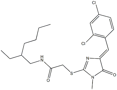 2-{[4-(2,4-dichlorobenzylidene)-1-methyl-5-oxo-4,5-dihydro-1H-imidazol-2-yl]sulfanyl}-N-(2-ethylhexyl)acetamide Struktur