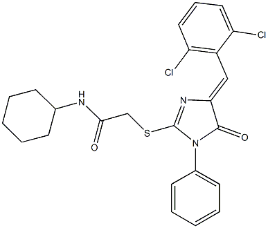 N-cyclohexyl-2-{[4-(2,6-dichlorobenzylidene)-5-oxo-1-phenyl-4,5-dihydro-1H-imidazol-2-yl]sulfanyl}acetamide Struktur