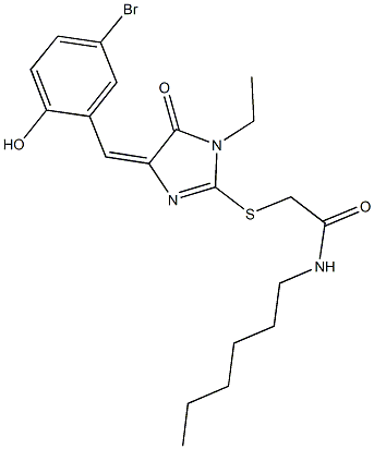 2-{[4-(5-bromo-2-hydroxybenzylidene)-1-ethyl-5-oxo-4,5-dihydro-1H-imidazol-2-yl]sulfanyl}-N-hexylacetamide Struktur