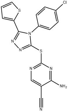 4-amino-2-{[4-(4-chlorophenyl)-5-(2-thienyl)-4H-1,2,4-triazol-3-yl]sulfanyl}-5-pyrimidinecarbonitrile Struktur