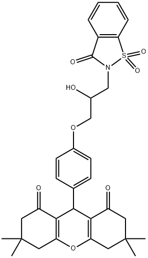 9-{4-[3-(1,1-dioxido-3-oxo-1,2-benzisothiazol-2(3H)-yl)-2-hydroxypropoxy]phenyl}-3,3,6,6-tetramethyl-3,4,5,6,7,9-hexahydro-1H-xanthene-1,8(2H)-dione Struktur