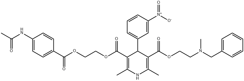 3-(2-{[4-(acetylamino)benzoyl]oxy}ethyl) 5-{2-[benzyl(methyl)amino]ethyl} 4-{3-nitrophenyl}-2,6-dimethyl-1,4-dihydro-3,5-pyridinedicarboxylate Struktur