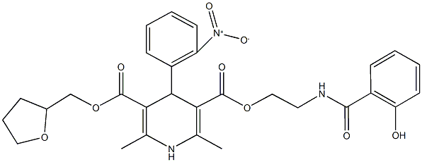 3-{2-[(2-hydroxybenzoyl)amino]ethyl} 5-(tetrahydro-2-furanylmethyl) 4-{2-nitrophenyl}-2,6-dimethyl-1,4-dihydro-3,5-pyridinedicarboxylate Struktur