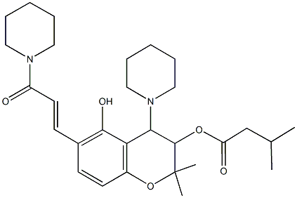 5-hydroxy-2,2-dimethyl-6-[3-oxo-3-(1-piperidinyl)-1-propenyl]-4-(1-piperidinyl)-3,4-dihydro-2H-chromen-3-yl 3-methylbutanoate Struktur