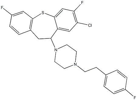 1-(8-chloro-3,7-difluoro-10,11-dihydrodibenzo[b,f]thiepin-10-yl)-4-[2-(4-fluorophenyl)ethyl]piperazine Struktur