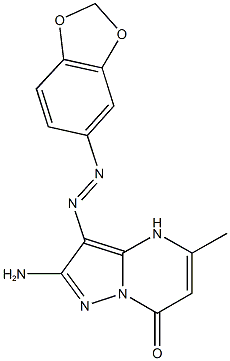 2-amino-3-(1,3-benzodioxol-5-yldiazenyl)-5-methylpyrazolo[1,5-a]pyrimidin-7(4H)-one Struktur