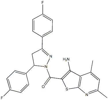 2-{[3,5-bis(4-fluorophenyl)-4,5-dihydro-1H-pyrazol-1-yl]carbonyl}-4,6-dimethylthieno[2,3-b]pyridin-3-ylamine Struktur