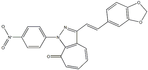 3-[2-(1,3-benzodioxol-5-yl)vinyl]-1-{4-nitrophenyl}cyclohepta[c]pyrazol-8(1H)-one Struktur