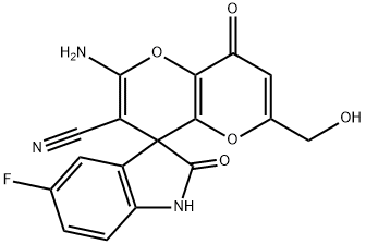 2'-amino-5-fluoro-6'-(hydroxymethyl)-1,3,4',8'-tetrahydro-2,8'-dioxospiro(2H-indole-3,4'-pyrano[3,2-b]pyran)-3'-carbonitrile Struktur