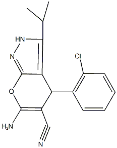 6-amino-4-(2-chlorophenyl)-3-isopropyl-2,4-dihydropyrano[2,3-c]pyrazole-5-carbonitrile Struktur