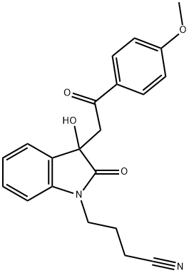 4-{3-hydroxy-3-[2-(4-methoxyphenyl)-2-oxoethyl]-2-oxo-2,3-dihydro-1H-indol-1-yl}butanenitrile Struktur