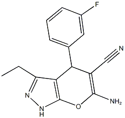 6-amino-3-ethyl-4-(3-fluorophenyl)-1,4-dihydropyrano[2,3-c]pyrazole-5-carbonitrile Struktur