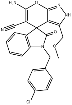 6-amino-1'-(4-chlorobenzyl)-5-cyano-3-(methoxymethyl)-1',2,3',4-tetrahydro-2'-oxospiro(pyrano[2,3-c]pyrazole-4,3'-[2'H]-indole) Struktur