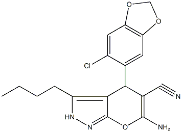 6-amino-3-butyl-4-(6-chloro-1,3-benzodioxol-5-yl)-2,4-dihydropyrano[2,3-c]pyrazole-5-carbonitrile Struktur