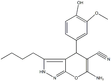 6-amino-3-butyl-4-(4-hydroxy-3-methoxyphenyl)-2,4-dihydropyrano[2,3-c]pyrazole-5-carbonitrile Struktur