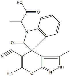 2-{6'-amino-5'-cyano-3-methyl-2-oxo-2,2',3,4'-tetrahydrospiro(1H-indole-3,4'-pyrano[2,3-c]pyrazole)-1-yl}propanoic acid Struktur