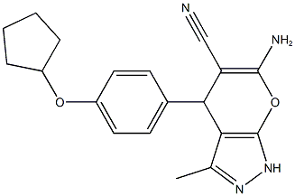 6-amino-4-[4-(cyclopentyloxy)phenyl]-3-methyl-1,4-dihydropyrano[2,3-c]pyrazole-5-carbonitrile Struktur