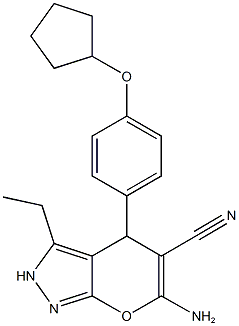 6-amino-4-[4-(cyclopentyloxy)phenyl]-3-ethyl-2,4-dihydropyrano[2,3-c]pyrazole-5-carbonitrile Struktur