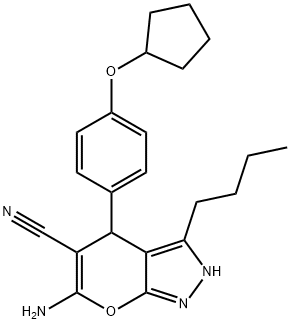 6-amino-3-butyl-4-[4-(cyclopentyloxy)phenyl]-2,4-dihydropyrano[2,3-c]pyrazole-5-carbonitrile Struktur