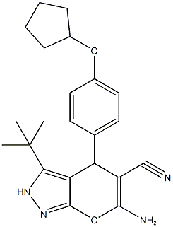 6-amino-3-tert-butyl-4-[4-(cyclopentyloxy)phenyl]-2,4-dihydropyrano[2,3-c]pyrazole-5-carbonitrile Struktur