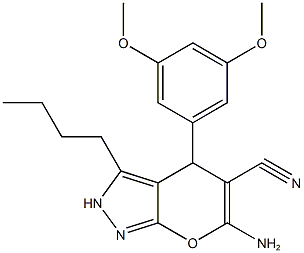 6-amino-3-butyl-4-(3,5-dimethoxyphenyl)-2,4-dihydropyrano[2,3-c]pyrazole-5-carbonitrile Struktur