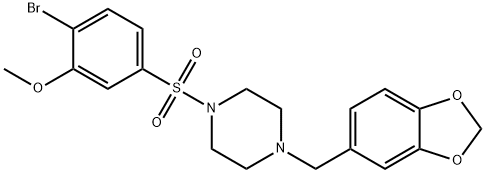 5-{[4-(1,3-benzodioxol-5-ylmethyl)-1-piperazinyl]sulfonyl}-2-bromophenyl methyl ether Struktur