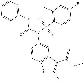 methyl 5-[[(4-fluoro-2-methylphenyl)sulfonyl](phenoxycarbonyl)amino]-2-methyl-1-benzofuran-3-carboxylate Struktur