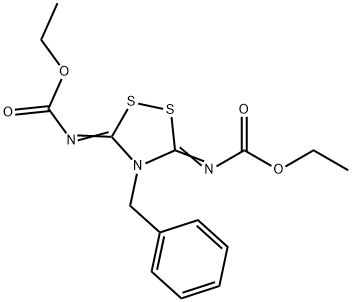 ethyl 4-benzyl-5-[(ethoxycarbonyl)imino]-1,2,4-dithiazolidin-3-ylidenecarbamate Struktur