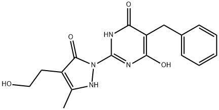 5-benzyl-6-hydroxy-2-[4-(2-hydroxyethyl)-3-methyl-5-oxo-2,5-dihydro-1H-pyrazol-1-yl]-4(3H)-pyrimidinone Struktur