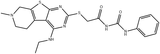 N-({[4-(ethylamino)-7-methyl-5,6,7,8-tetrahydropyrido[4',3':4,5]thieno[2,3-d]pyrimidin-2-yl]sulfanyl}acetyl)-N'-phenylurea Struktur