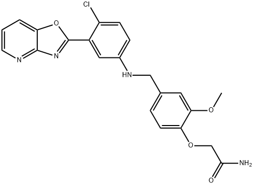 2-{4-[(4-chloro-3-[1,3]oxazolo[4,5-b]pyridin-2-ylanilino)methyl]-2-methoxyphenoxy}acetamide Struktur