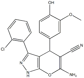 6-amino-3-(2-chlorophenyl)-4-(4-hydroxy-3-methoxyphenyl)-1,4-dihydropyrano[2,3-c]pyrazole-5-carbonitrile Struktur