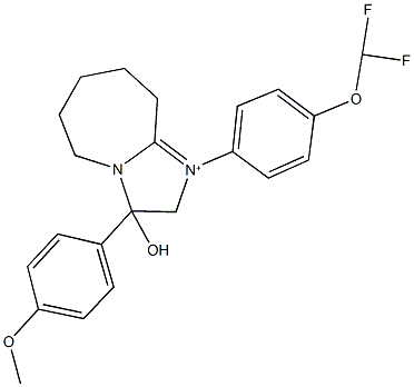 1-[4-(difluoromethoxy)phenyl]-3-hydroxy-3-(4-methoxyphenyl)-2,5,6,7,8,9-hexahydro-3H-imidazo[1,2-a]azepin-1-ium Struktur