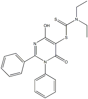 4-hydroxy-6-oxo-1,2-diphenyl-1,6-dihydropyrimidin-5-yl diethyldithiocarbamate Struktur