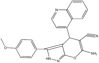 6-amino-3-(4-methoxyphenyl)-4-(4-quinolinyl)-2,4-dihydropyrano[2,3-c]pyrazole-5-carbonitrile Struktur