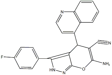 6-amino-3-(4-fluorophenyl)-4-(4-quinolinyl)-2,4-dihydropyrano[2,3-c]pyrazole-5-carbonitrile Struktur