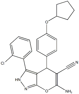 6-amino-3-(2-chlorophenyl)-4-[4-(cyclopentyloxy)phenyl]-2,4-dihydropyrano[2,3-c]pyrazole-5-carbonitrile Struktur