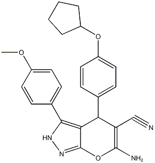 6-amino-4-[4-(cyclopentyloxy)phenyl]-3-(4-methoxyphenyl)-2,4-dihydropyrano[2,3-c]pyrazole-5-carbonitrile Struktur