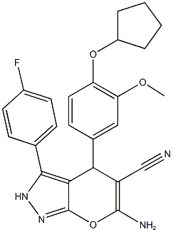 6-amino-4-[4-(cyclopentyloxy)-3-methoxyphenyl]-3-(4-fluorophenyl)-2,4-dihydropyrano[2,3-c]pyrazole-5-carbonitrile Struktur