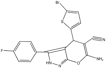 6-amino-4-(5-bromo-2-thienyl)-3-(4-fluorophenyl)-2,4-dihydropyrano[2,3-c]pyrazole-5-carbonitrile Struktur