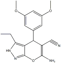 6-amino-4-(3,5-dimethoxyphenyl)-3-ethyl-2,4-dihydropyrano[2,3-c]pyrazole-5-carbonitrile Struktur