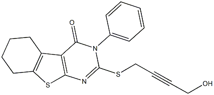 2-[(4-hydroxy-2-butynyl)sulfanyl]-3-phenyl-5,6,7,8-tetrahydro[1]benzothieno[2,3-d]pyrimidin-4(3H)-one Struktur